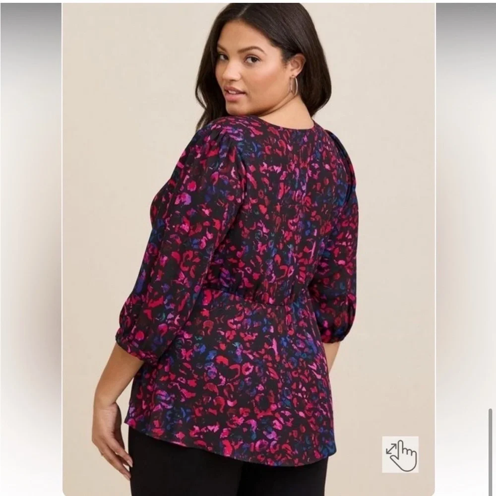 Torrid Peplum Georgette Tie Front Leopard Print  Blouse Plus Size 2X Black Pink - Picture 6 of 14